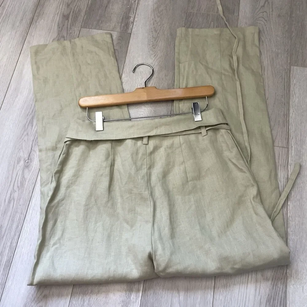 Reformation Linen Pants high rise straight leg womens Green (size 6) fisherman